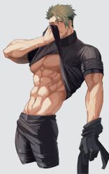 Rule 34 | 1boy, abs, achilles (fate), black gloves, black pants, closed mouth, clothes lift, cropped legs, fate/apocrypha, fate (series), gloves, green hair, grey background, haruakira, highres, large pectorals, male focus, muscular, muscular male, navel, orange eyes, pants, pectorals, ribbed sweater, shirt lift, short hair, short sleeves, simple background, solo, sweat, sweater, undercut, veins, veiny arms, wiping sweat