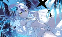 Rule 34 | 1girl, bikini, blue flower, blue rose, blue theme, blush, braid, breasts, collar, commentary, demon girl, demon horns, detached sleeves, fang, flower, frilled bikini, frilled collar, frills, grey hair, hair between eyes, hair bun, hair flower, hair ornament, halterneck, highleg, highleg bikini, hololive, horns, kabedoru, la+ darknesss, long hair, looking at viewer, lying, multicolored hair, navel, open mouth, pointy ears, puffy sleeves, purple hair, rose, sidelocks, skin fang, small breasts, solo, stomach, streaked hair, swimsuit, symbol-only commentary, tail, thigh strap, tree, very long hair, virtual youtuber, white bikini, yellow eyes