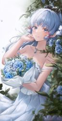 1girl ayaka_(genshin_impact) bare_shoulders blue_flower blue_rose blunt_tresses blush bouquet dress falling_petals flower genshin_impact hair_ribbon highres holding holding_bouquet jewelry looking_at_viewer mole mole_under_eye necklace parted_lips petals plant ribbon rose rose_petals sleeveless sleeveless_dress smile solo spaghetti_strap strap_slip tress_ribbon white_dress white_hair youwon0417