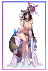 Rule 34 | $hu, 1girl, absurdres, animal ear fluff, animal ears, bare legs, bare shoulders, barefoot, bikini, black hair, blue archive, blush, breasts, brown eyes, brown hair, cleavage, cocktail, cocktail glass, collarbone, cup, drinking glass, flower, fox ears, fox girl, fox mask, fox tail, full body, hair flower, hair ornament, halo, highres, jewelry, large breasts, long hair, looking at viewer, mask, mask on head, navel, sitting, smile, solo, string bikini, swimsuit, tail, very long hair, wakamo (blue archive), wakamo (swimsuit) (blue archive)