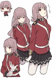 Rule 34 | 1girl, alternate hairstyle, bad id, bad twitter id, blush, braid, breasts, chibi, fate/grand order, fate (series), florence nightingale (fate), gloves, highres, large breasts, long hair, military, military uniform, nari, open mouth, pantyhose, pink hair, red eyes, simple background, solo, teshima nari, uniform, white background