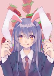 Rule 34 | 1girl, animal ears, blazer, commentary request, crescent, crescent pin, food, fruit, highres, jacket, long hair, looking at viewer, makita (vector1525), necktie, purple hair, rabbit ears, red eyes, red necktie, reisen udongein inaba, solo, strawberry, tongue, tongue out, touhou