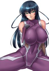 Rule 34 | 1girl, bare shoulders, blue hair, blush, bodysuit, breasts, covered erect nipples, covered navel, curvy, elbow gloves, female focus, fishnets, gloves, green eyes, hair between eyes, half-closed eyes, hand on own chest, highres, igawa asagi, impossible clothes, kagami hirotaka, large breasts, lilith-soft, long hair, looking at viewer, ninja, nipples, no bra, parted lips, shiny clothes, shiny skin, simple background, skin tight, smile, solo, taimanin (series), taimanin asagi, taimanin asagi kessen arena, white background
