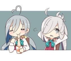 Rule 34 | 10s, 2girls, = =, ahoge, arms behind head, asashimo (kancolle), bad id, bad pixiv id, blouse, blue bow, blue bowtie, blue hair, blush, bow, bowtie, chopsticks, closed eyes, coupon (skyth), eating, food, grey eyes, grey hair, hair between eyes, hair over one eye, heart, heart ahoge, kantai collection, kiyoshimo (kancolle), long hair, low twintails, multicolored hair, multiple girls, nissin cup noodle, noodles, ponytail, ramen, school uniform, sharp teeth, shirt, simple background, teeth, twintails, very long hair, white shirt