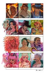 Rule 34 | 6+boys, 6+girls, :p, bandana, bellemere, black eyes, boa hancock, breasts, chest tattoo, cigar, cleavage, crocodile (one piece), crown, dark-skinned male, dark skin, donquixote doflamingo, dracule mihawk, drill hair, evil grin, evil smile, expressionless, facial hair, fedora, flower, ghost, goatee stubble, grin, hat, hat flower, highres, holding, holding umbrella, king (one piece), large breasts, long hair, long sideburns, looking at viewer, makeup, mature male, multiple boys, multiple drawing challenge, multiple girls, nami (one piece), nojiko, nok (nok 1), one piece, pectoral cleavage, pectorals, perona, pink hair, portrait, roronoa zoro, sabo (one piece), scar, scar on chin, scar on face, shirahoshi, sideburns, skull, smile, smoker (one piece), smoking, snake, stubble, tattoo, tongue, tongue out, top hat, umbrella, x drake