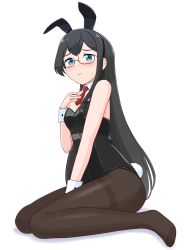 Rule 34 | 1girl, animal ears, black hair, black leotard, black pantyhose, blue eyes, breasts, detached collar, fake animal ears, full body, geometrie, glasses, highres, kantai collection, leotard, long hair, necktie, ooyodo (kancolle), pantyhose, playboy bunny, rabbit ears, rabbit tail, red necktie, seiza, simple background, sitting, small breasts, solo, strapless, strapless leotard, tail, thighband pantyhose, white background, wrist cuffs