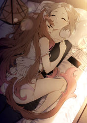Rule 34 | 2girls, animal ear fluff, animal ears, ass, bare arms, bare legs, bare shoulders, barefoot, black shirt, blue pants, blush, brown hair, camisole, cellphone, closed eyes, commentary request, fang, forehead, girl on top, highres, long hair, multiple girls, on bed, open mouth, original, panties, pants, parted bangs, parted lips, phone, pillow, pink panties, sakuragi ren, shirt, strap slip, tail, underwear, underwear only, very long hair, white camisole