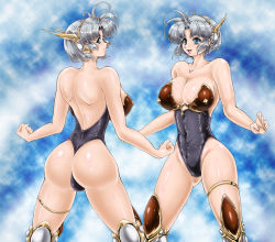 Rule 34 | 1girl, :d, antenna hair, armor, ass, back, backless outfit, bare arms, bare back, bare legs, bare shoulders, black leotard, blue eyes, blush, breasts, cleavage, clenched hands, closed mouth, collarbone, covered navel, esitoyo, female focus, greaves, hairband, headgear, highleg, highleg leotard, huge ass, huge breasts, langrisser, langrisser ii, large breasts, legs, leotard, looking at viewer, looking back, multicolored clothes, multicolored leotard, multiple views, neck, open mouth, parted bangs, red leotard, revealing clothes, round teeth, sherry (langrisser), shiny skin, short hair, silver hair, smile, standing, strapless, strapless leotard, teeth, thighlet, thong, thong leotard, turnaround, yellow hairband