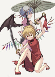 Rule 34 | 2girls, alternate costume, alternate hairstyle, bare arms, bare legs, bat wings, blonde hair, blue hair, bun cover, china dress, chinese clothes, dao (weapon), double bun, dress, dual wielding, earrings, fkey, flandre scarlet, hair bun, highres, holding, holding sword, holding umbrella, holding weapon, jewelry, multiple girls, oil-paper umbrella, on one knee, pink dress, red dress, red eyes, red footwear, red ribbon, remilia scarlet, ribbon, ribbon trim, siblings, simple background, sisters, standing, sword, touhou, umbrella, weapon, wings