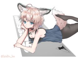 Rule 34 | 1girl, ahoge, animal ears, arknights, black choker, black pantyhose, black tank top, blue shirt, breasts, brown hair, character name, choker, cleavage, commentary, elbow rest, fox ears, fox girl, fox tail, head rest, looking at viewer, lying, material growth, on stomach, oripathy lesion (arknights), pantyhose, rhodes island logo (arknights), shipi (qlenf0715), shirt, short hair, simple background, small breasts, solo, sussurro (arknights), tail, tank top, twitter username, white background