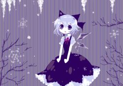 Rule 34 | 1girl, :o, bad drawr id, bad id, bare tree, blue background, blue bow, blue dress, blue eyes, blue hair, blue theme, bow, cirno, detached wings, dress, feet out of frame, hair between eyes, hair bow, icicle, jaggy lines, limited palette, looking at viewer, medium dress, neck ribbon, no lineart, no nose, oekaki, parted lips, pinafore dress, pink ribbon, purple background, ribbon, saya (sayaya), short hair, short sleeves, sleeveless, sleeveless dress, snowflakes, snowing, solo, striped, striped background, touhou, tree, vertical stripes, wings, winter