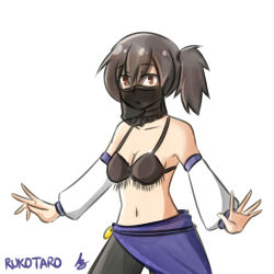Rule 34 | 10s, 1girl, bare shoulders, bra, breasts, brown eyes, brown hair, cleavage, detached sleeves, hair between eyes, harem outfit, kaga (kancolle), kantai collection, mouth veil, navel, rukotaro, side ponytail, simple background, solo, underwear, veil, white background