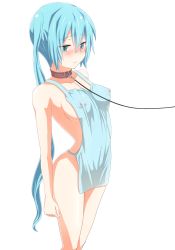 Rule 34 | 1girl, apron, aqua eyes, aqua hair, bad id, bad pixiv id, bdsm, blush, bondage, bound, breasts, collar, covered erect nipples, hatsune miku, highres, jack dempa, leash, long hair, naked apron, pussy juice, side ponytail, sideboob, simple background, slave, slave clothes, solo, standing, twintails, very long hair, vocaloid, white background