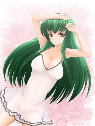 Rule 34 | 00s, 1girl, bad id, bad pixiv id, blush, breasts, c.c., camisole, cleavage, code geass, green hair, large breasts, long hair, see-through, shima-shuu, solo, yellow eyes