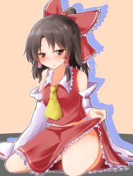 Rule 34 | 1girl, ascot, bare shoulders, black hair, bow, brown eyes, commentary request, detached sleeves, hair bow, hakurei reimu, highres, looking at viewer, oshiaki, parted lips, ponytail, red bow, seiza, sitting, solo, thighs, touhou, yellow ascot