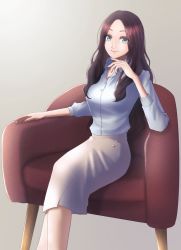 Rule 34 | 1girl, blue eyes, breasts, brown hair, commentary request, dress shirt, eyelashes, fate/grand order, fate (series), grey background, grey skirt, hair over shoulder, highres, large breasts, leonardo da vinci (fate), long hair, looking at viewer, on chair, pencil skirt, sakashima 0822, shirt, sitting, skirt, smile, solo, white shirt