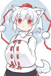 Rule 34 | 1girl, :&lt;, animal ear fluff, animal ears, closed mouth, hands in opposite sleeves, hat, highres, inubashiri momiji, kibisake, long sleeves, looking at viewer, pom pom (clothes), red eyes, red hat, ribbon-trimmed sleeves, ribbon trim, shirt, short eyebrows, short hair, solo, tail, tokin hat, touhou, upper body, white shirt, wide sleeves, wolf ears, wolf tail