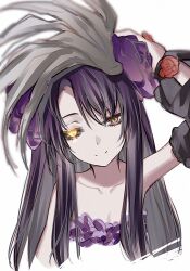 Rule 34 | 1girl, bare shoulders, beatrice (wild arms), black hair, breasts, closed mouth, collarbone, dainatsu, feathers, flower, glowing, glowing eye, hair flower, hair ornament, hand up, highres, long hair, looking at viewer, purple flower, purple rose, rose, simple background, small breasts, smile, solo, white background, wild arms, wild arms 3, yellow eyes
