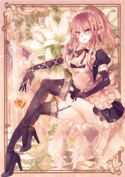 Rule 34 | 1girl, apron, argyle, bad id, bad nicoseiga id, beads, black footwear, black gloves, black thighhighs, breasts, checkered floor, cleavage, covered erect nipples, elbow gloves, elf, floor, floral background, flower, full body, garter straps, gem, gloves, heart, heterochromia, high heels, high ponytail, invisible chair, lace, lace-trimmed legwear, lace trim, legs, lily (flower), long hair, maid, maid headdress, medium breasts, neck ribbon, nozomi fuuten, original, outside border, outstretched arm, pillar, pointy ears, puffy short sleeves, puffy sleeves, purple eyes, red eyes, ribbon, see-through, sepia, shoes, short sleeves, sidelocks, sitting, smile, solo, tail, thighhighs