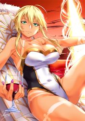 Rule 34 | 1girl, ahoge, armpits, artist name, artoria pendragon (fate), artoria pendragon (lancer) (fate), beach, beach chair, blonde hair, braid, braided bun, breasts, cleavage, cloud, collarbone, covered navel, cup, cupping glass, drinking glass, fate/grand order, fate (series), fingernails, french braid, gold trim, green eyes, hair between eyes, hair bun, holding, holding cup, holding drinking glass, knee up, large breasts, lips, looking at viewer, nail polish, one-piece swimsuit, purple nails, sakiyamama, sitting, sky, smile, solo, strapless, strapless one-piece swimsuit, sunset, swimsuit, tan, tanline, two-tone swimsuit, wine glass