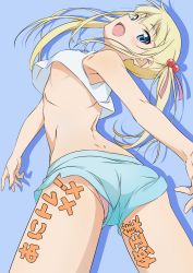 Rule 34 | 1girl, absurdres, anitore! ex, ass, back, bare arms, bare shoulders, blonde hair, blue eyes, body writing, breasts, cowboy shot, dimples of venus, fang, hair ornament, highres, higuchi eri, long hair, looking at viewer, looking back, open mouth, panties, panty peek, pantyshot, pink panties, short shorts, shorts, simple background, small breasts, solo, standing, underboob, underwear, upshorts, yamamoto shuuhei