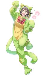 Rule 34 | 1girl, alternate costume, animal costume, animal hands, animal hood, arm up, bell, black hair, bow, bowtie, breasts, bright pupils, cat costume, cat hood, cat tail, commentary request, fake tail, fangs, floating hair, full body, gloves, green eyes, green jumpsuit, highres, hood, hood up, jingle bell, jumpsuit, kyoumachi seika, leaning to the side, long sleeves, looking at viewer, medium breasts, neck bell, open mouth, paw gloves, paw pose, paw shoes, red bow, red bowtie, short hair, smile, solo, standing, standing on one leg, tail, tokono touhi, transparent background, voiceroid, white pupils, wide-eyed