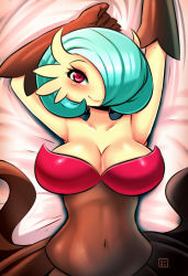 Rule 34 | 1girl, alternate color, armpits, breasts, cleavage, covered navel, creatures (company), game freak, gardevoir, gen 3 pokemon, green hair, kenron toqueen, looking at viewer, lying, mega gardevoir, mega pokemon, navel, nintendo, on back, pokemon, pokemon (creature), red eyes, shiny pokemon, solo, stomach
