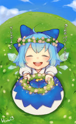 Rule 34 | 1girl, ahoge, blue dress, blue hair, blue sky, blush, cirno, closed eyes, cloud, day, dress, father and daughter, flower, flower on head, flower wreath, grass, hair ornament, head wreath, himaya, open mouth, outdoors, outstretched arms, shirt, short hair, short sleeves, sky, smile, solo, touhou, translation request, wings