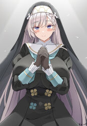 Rule 34 | 1girl, artist name, azur lane, belfast (azur lane), black gloves, blue archive, braid, breasts, closed mouth, commentary, commission, gloves, grey background, grey hair, highres, huge breasts, interlocked fingers, keenh, long hair, looking at viewer, mixed-language commentary, nun, own hands clasped, own hands together, purple eyes, sakurako (blue archive), smile, solo, traditional nun, very long hair