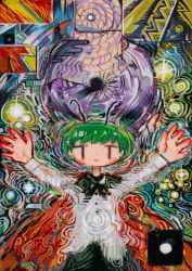 Rule 34 | 1girl, abstract, antennae, arms up, bad id, bad twitter id, cape, circle, colorful, green hair, highres, hito (nito563), long sleeves, looking at viewer, outstretched arms, red eyes, short hair, smile, solo, spread arms, touhou, upper body, wriggle nightbug