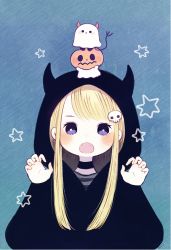 Rule 34 | 1girl, ayu (mog), blue background, blush, choker, claw pose, demon horns, demon tail, fangs, ghost costume, hair ornament, halloween, hood, horns, jack-o&#039;-lantern, long sleeves, looking at viewer, on head, open mouth, original, purple eyes, skull hair ornament, solid circle eyes, solid oval eyes, standing, standing on person, star (symbol), swept bangs, tail, upper body