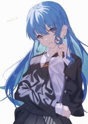 Rule 34 | 1girl, bad id, bad twitter id, blazer, blue eyes, blue hair, collared shirt, dated, dress shirt, earrings, twirling hair, highres, hololive, hoshimachi suisei, jacket, jewelry, long hair, maria onnette, nail polish, necktie, orange nails, parted lips, school uniform, shirt, simple background, skirt, solo, star (symbol), star earrings, tie clip, upper body, virtual youtuber, white background