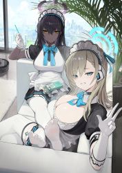 Rule 34 | 2girls, apron, asuna (blue archive), black dress, black hair, blue archive, blue eyes, blush, bow, bowtie, breasts, cleavage, couch, dark-skinned female, dark skin, dress, elbow gloves, feet, food, gloves, grin, hair over one eye, halo, headset, highres, karin (blue archive), large breasts, legs, light brown hair, long hair, looking at viewer, maid, maid headdress, mole, mole on breast, multiple girls, plant, pocky, potted plant, puffy short sleeves, puffy sleeves, robotic vacuum cleaner, short sleeves, sitting, smile, thighhighs, v, vertigris, white gloves, white legwear, yellow eyes