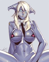 Rule 34 | 1girl, bandages, bandaid, bikini, bikini top only, blue eyes, blue skin, breasts, colored skin, draenei, female focus, female pubic hair, glowing, glowing eyes, horns, huge breasts, large breasts, long hair, monster girl, navel, necktie, pointy ears, pubic hair, purple skin, solo, swimsuit, tentacles, torn clothes, warcraft, white hair, world of warcraft