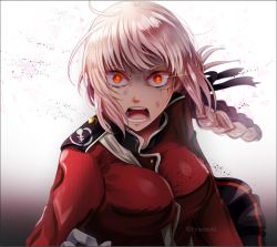 Rule 34 | 1girl, angry, between breasts, black skirt, blood, blood on face, braid, breasts, chamochi, cuts, dirty, dirty face, fate/grand order, fate (series), florence nightingale (fate), gloves, injury, large breasts, messy hair, open mouth, pink hair, red eyes, skirt, solo, teeth, tongue, twitter username, uniform