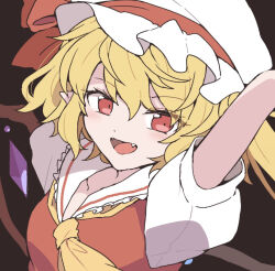Rule 34 | 1girl, blonde hair, breasts, close-up, collared shirt, crystal, fang, flandre scarlet, frilled shirt collar, frills, hat, hat ribbon, looking at viewer, mob cap, neckerchief, nojima minami, one side up, open mouth, pointy ears, red ribbon, red vest, ribbon, shirt, small breasts, solo, touhou, vest, white hat, white shirt, wings, yellow neckerchief