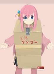 Rule 34 | 1girl, absurdres, blue eyes, bocchi the rock!, box, cardboard box, cardboard box gundam, clenched hands, cosplay, cube hair ornament, gotoh hitori, grey skirt, hair between eyes, cube hair ornament, hair ornament, highres, jacket, long hair, looking at viewer, naaga sonomono, one side up, pants, pants under skirt, parody, pink hair, pink jacket, pink pants, plaid, plaid skirt, skirt, solo, sweatdrop, track jacket, track suit