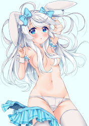 Rule 34 | 1girl, ahoge, animal ears, aqua background, armpits, blue eyes, bow, breasts, cleavage, commentary request, groin, hair bow, hair ribbon, highres, ko yu, long hair, looking at viewer, navel, original, panties, panties day, parted lips, plaid, plaid skirt, pleated skirt, rabbit ears, ribbon, simple background, skirt, unworn skirt, solo, thighhighs, topless, underwear, white hair, white panties, white thighhighs