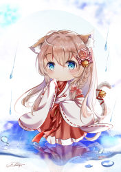 Rule 34 | 1girl, animal ear fluff, animal ears, bell, blue eyes, blush, bow, braid, cat ears, cat girl, cat tail, chibi, commentary request, flower, hair between eyes, hair bow, hair flower, hair ornament, hakama, hakama skirt, hand up, highres, japanese clothes, jingle bell, kimono, light brown hair, long sleeves, looking at viewer, mutang, original, rain, red bow, red flower, red hakama, red ribbon, red rose, reflection, ribbon, ribbon-trimmed sleeves, ribbon trim, ripples, rose, side braid, single braid, skirt, sleeves past fingers, sleeves past wrists, solo, standing, striped, striped bow, tail, tail bell, tail ornament, tail raised, tail ribbon, water, white background, white kimono, wide sleeves