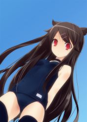 Rule 34 | 1girl, animal ears, arms behind back, bare shoulders, blue background, blue one-piece swimsuit, breasts, brown hair, cat ears, choker, dutch angle, from below, gradient background, hair ornament, hairpin, long hair, looking at viewer, old school swimsuit, one-piece swimsuit, original, red eyes, school swimsuit, simple background, small breasts, solo, swimsuit, tachibana (pixiv), tachibana (tach011194), thighhighs, very long hair