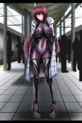 Rule 34 | 1girl, armor, bodysuit, breasts, covered erect nipples, covered navel, exhibitionism, fate/grand order, fate (series), jacket, large breasts, long hair, looking at viewer, nude, open clothes, open jacket, public indecency, purple bodysuit, purple hair, red eyes, scathach (fate), solo, tasuro kuzuha