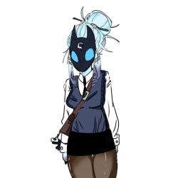 Rule 34 | 1girl, bag, formal, furry, hair tied back, highres, kindred (league of legends), lamb (league of legends), league of legends, mask, shirt, skirt, sweater vest, white hair