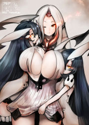 Rule 34 | 10s, 3girls, ;&lt;, abyssal ship, anchorage water oni, between breasts, black hair, breasts, cleavage, colored skin, dress, glowing, glowing eyes, hachachi, horns, huge breasts, kantai collection, long hair, multiple girls, one eye closed, pale skin, red eyes, ribbed dress, seaport water oni, single horn, very long hair, white dress, white hair, white skin, yellow eyes, yuri