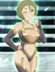 Rule 34 | 10s, 1girl, armor, bikini, boots, breasts, cleavage, glowing, green eyes, green hair, highres, matching hair/eyes, nakazawa minori, navel, no-rin, one eye closed, screencap, short hair, smile, solo, sparkle, swimsuit, thigh boots, thighhighs, wink