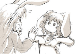 Rule 34 | 1girl, animal ears, clothes lift, e saiba, female focus, flat chest, greyscale, inaba tewi, long hair, monochrome, rabbit ears, reisen udongein inaba, ribbon, shirt lift, sketch, skirt, skirt lift, solo, touhou, upper body, white background