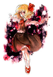 Rule 34 | 1girl, blonde hair, darkness, embodiment of scarlet devil, female focus, full body, hair ribbon, highres, ogata (artist), outstretched arms, red eyes, ribbon, rumia, short hair, solo, spread arms, touhou, white background, wogata (000khz)