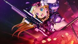 1girl alyce_(dohna_dohna) black_bodysuit blonde_hair blue_eyes bodysuit bodysuit_under_clothes dohna_dohna_issho_ni_warui_koto_o_shiyou dress floating_hair frilled_dress frills game_cg gun heterochromia holding holding_gun holding_weapon long_hair night non-web_source onono_imoko open_mouth outdoors pink_eyes railing rifle sky smile sniper_rifle solo weapon wind