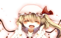 Rule 34 | 1girl, bad id, bad pixiv id, blonde hair, blush, crystal, closed eyes, fang, female focus, flandre scarlet, hat, hat ribbon, open mouth, ribbon, short hair, side ponytail, solo, tepes, touhou, wings