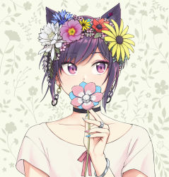 Rule 34 | 1other, animal ears, bisexual, bisexual flag, bracelet, cat ears, choker, collarbone, earrings, flower, hair flower, hair ornament, highres, jewelry, lgbt pride, looking at viewer, nail polish, non-binary flag, original, other focus, pas&#039; black-haired catperson, pas (paxiti), purple eyes, purple hair, shirt, short hair, short sleeves, solo, transgender flag, upper body, white shirt