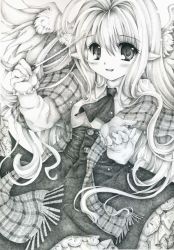 Rule 34 | 1girl, ascot, conductor baton, blush, buttons, dress, female focus, greyscale, lace, long hair, looking at viewer, millipen (medium), monochrome, original, petticoat, plaid, pointy ears, scarf, shinonome86, smile, solo, traditional media, white background, wings